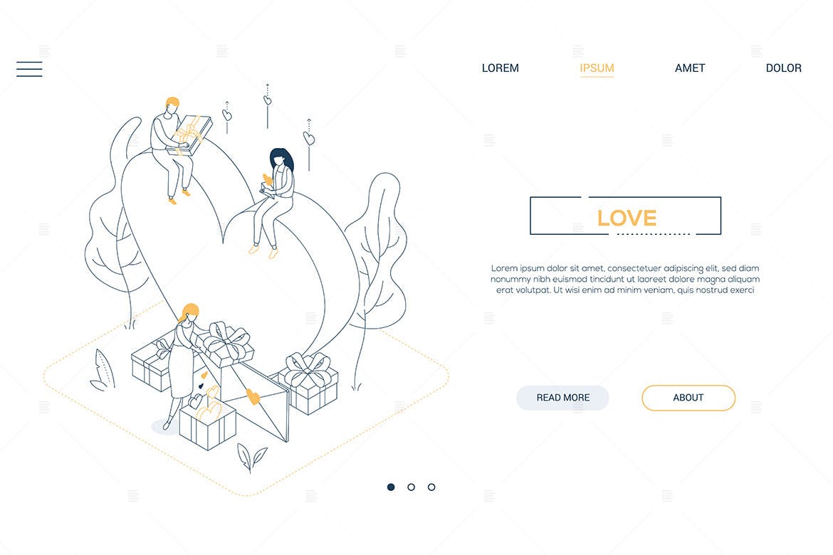 情人节-线条艺术等距网页横幅Banner设计模板 Valentines Day – linear isometric web banner插图(1)