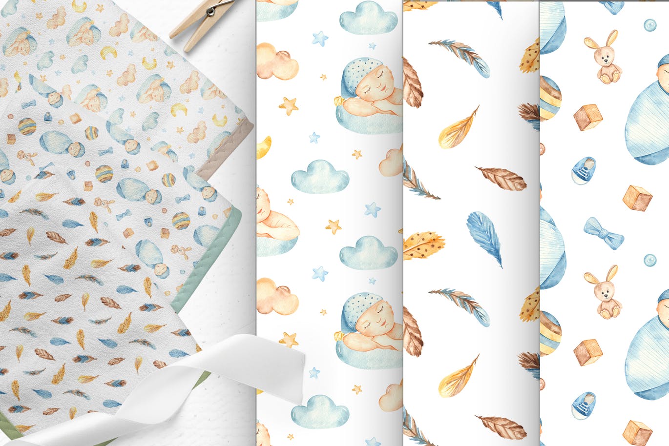 男新生儿婴儿水彩手绘矢量剪贴画/卡片/无缝图案背景素材 It’s a boy watercolor clipart, cards, patterns插图(6)