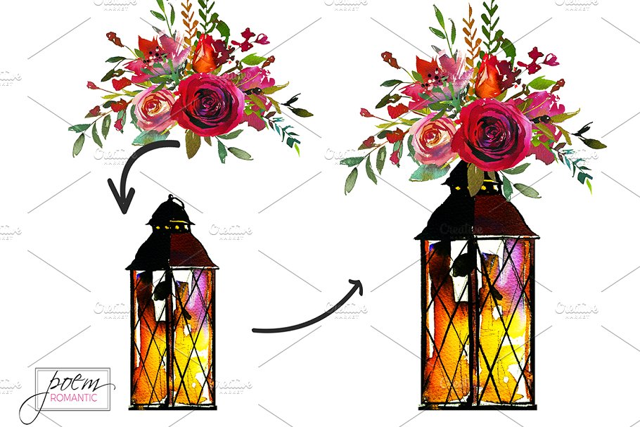 红色品红色水彩花卉插画 Red Magenta Watercolor Florals插图(6)