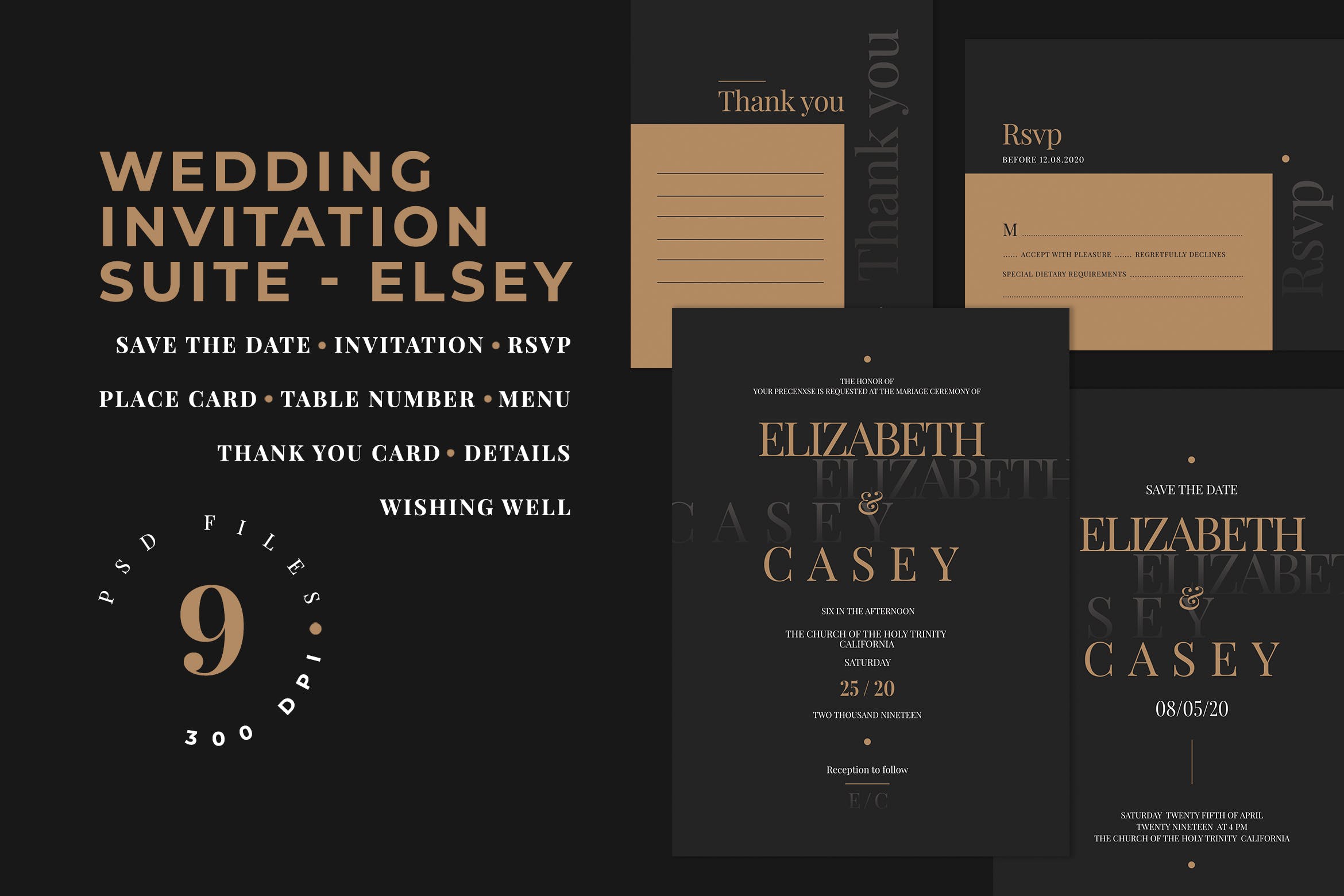 高端酷黑设计风格婚礼邀请设计套件 Wedding Invitation Suite – ELSEY插图