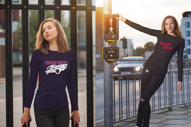 实景拍摄女款T恤模特上身效果样机模板 Crew Neck T-shirt Mock-up Female Version插图(2)