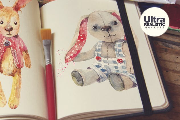 水彩画创作画室场景袖珍笔记本样机模板v6 Pocket Notebook & Brush插图(3)