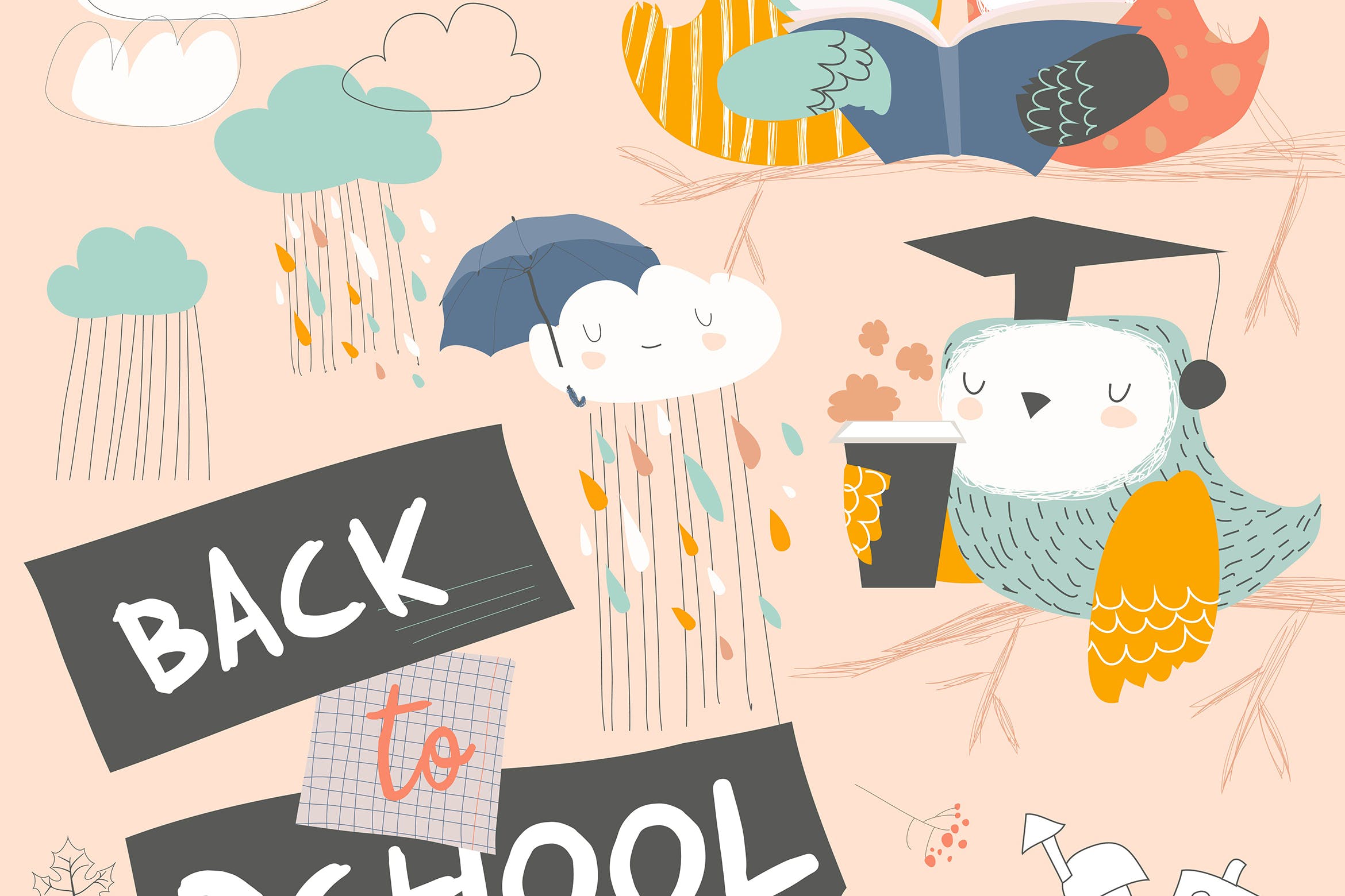 可爱手绘卡通猫头鹰矢量插画素材 Cute owls sitting on branch with books. Back to sc插图