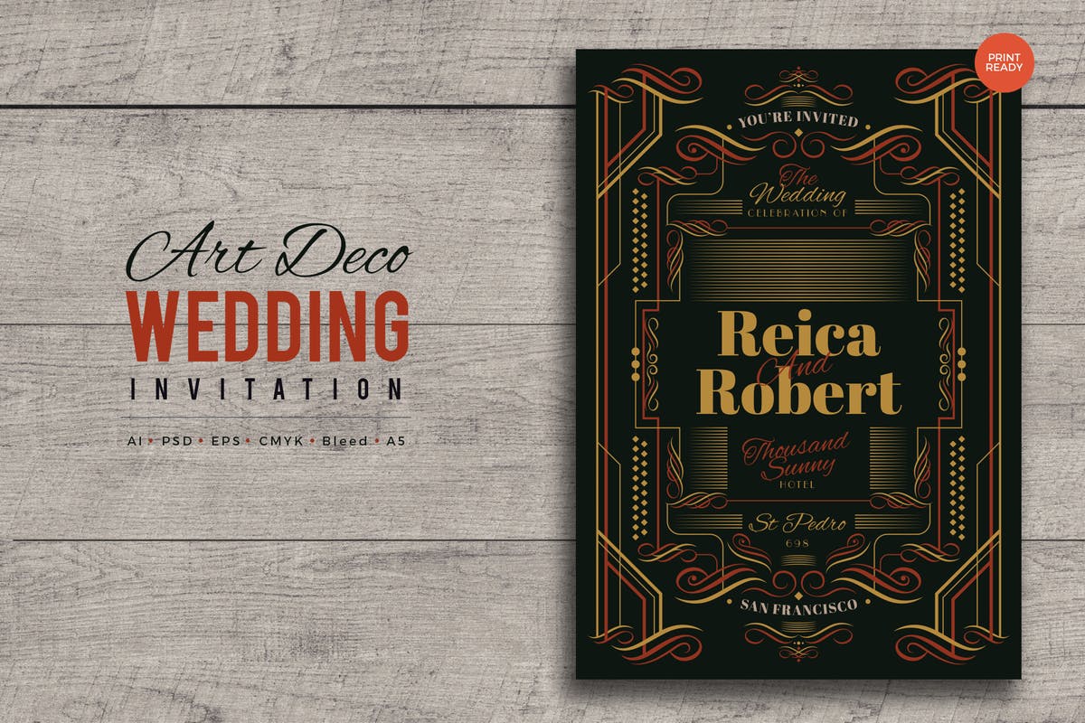 复古装饰风格特点婚礼邀请函PSD模板v10 Art Deco Wedding Invitation PSD And Vector Vol.10插图