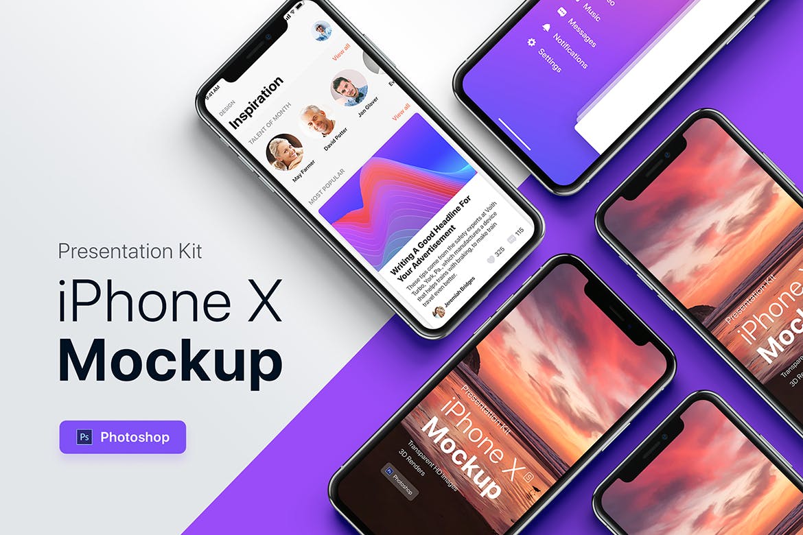 APP界面设计截图预览iPhone X手机样机模板v2 Presentation Kit – iPhone showcase Mockup插图(1)