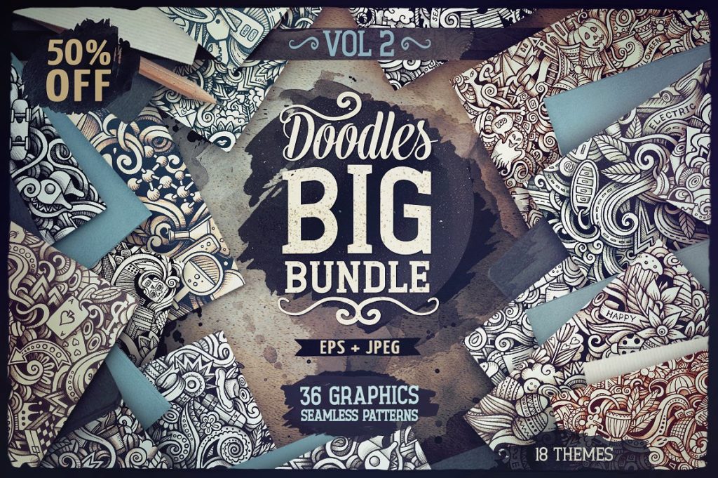 36款图形手绘涂鸦无缝背景模式[eps,jpg]插图