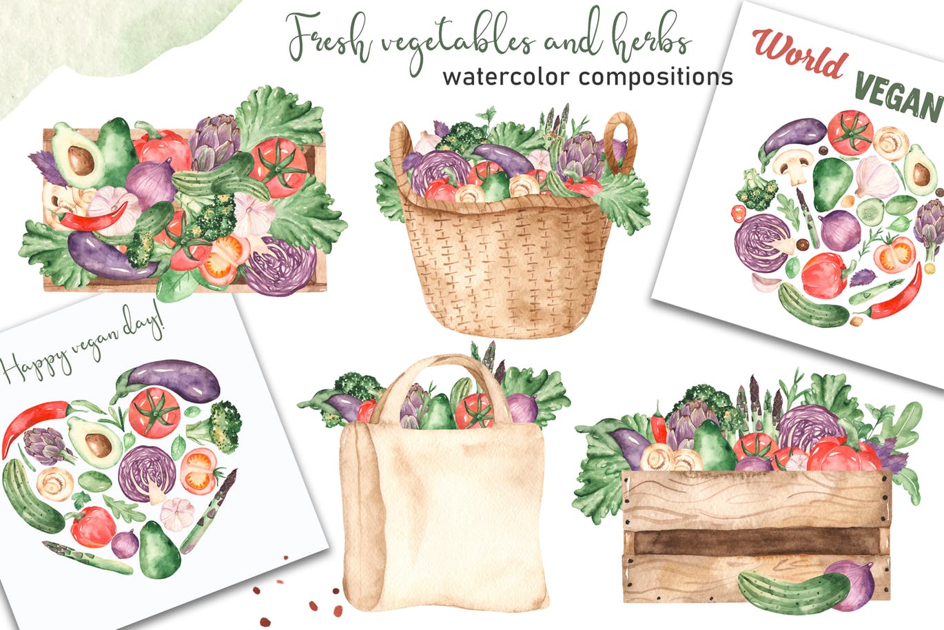 水彩手绘蔬菜＆草药剪贴画素材包 Watercolor vegetables and herbs Collection clipart插图(5)