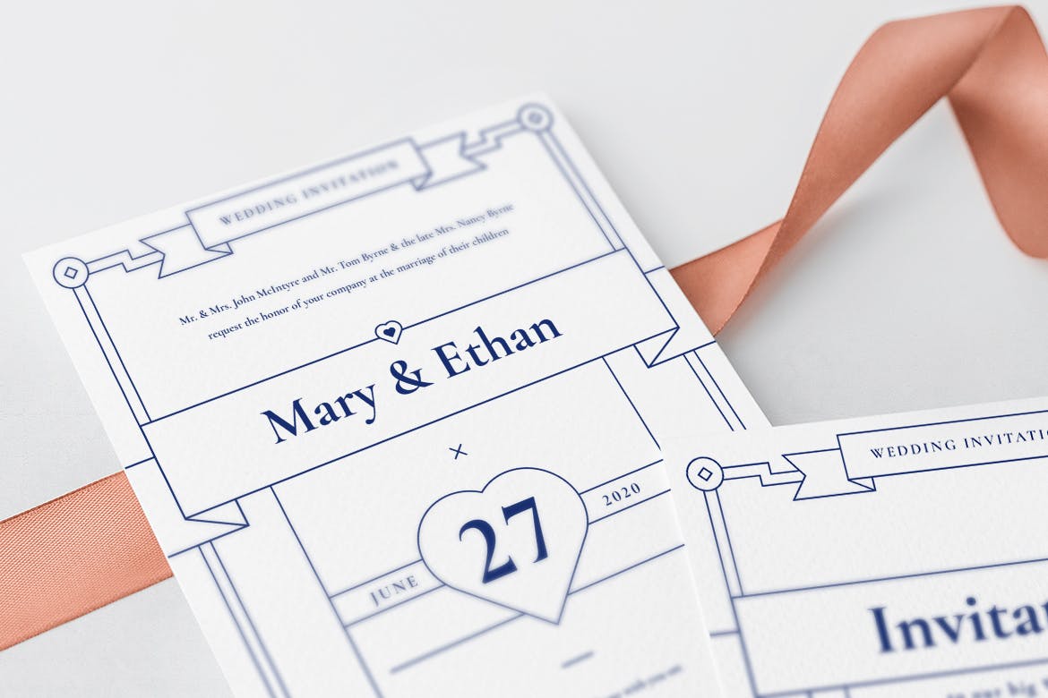 蓝色简约线条艺术风格婚礼邀请函设计套装 Wedding Invitation Suite插图(10)