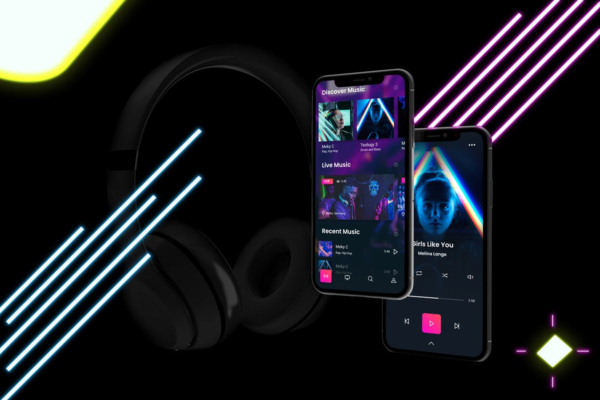 在线音乐APP设计效果图样机模板 Neon Music App MockUp插图(6)