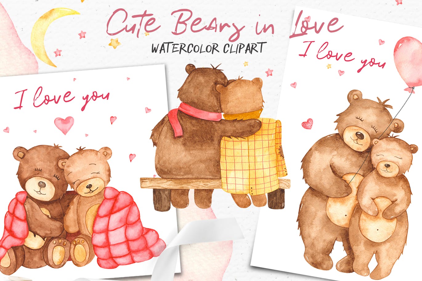 水彩可爱熊手绘图案剪贴画&卡片素材 Watercolor cute bears in love. Clipart and cards插图