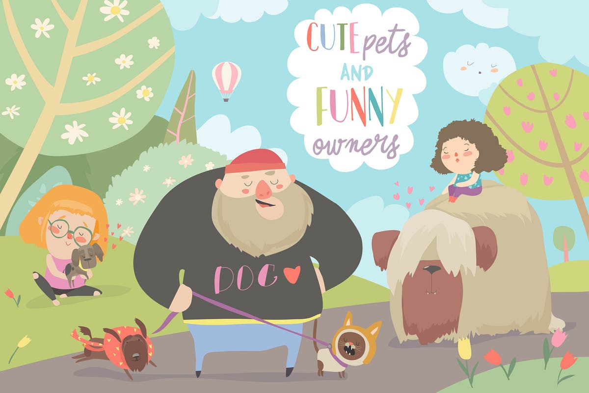 卡通动漫人物＆动物形象矢量插图 Funny owners walking with their cute pets. Vector插图