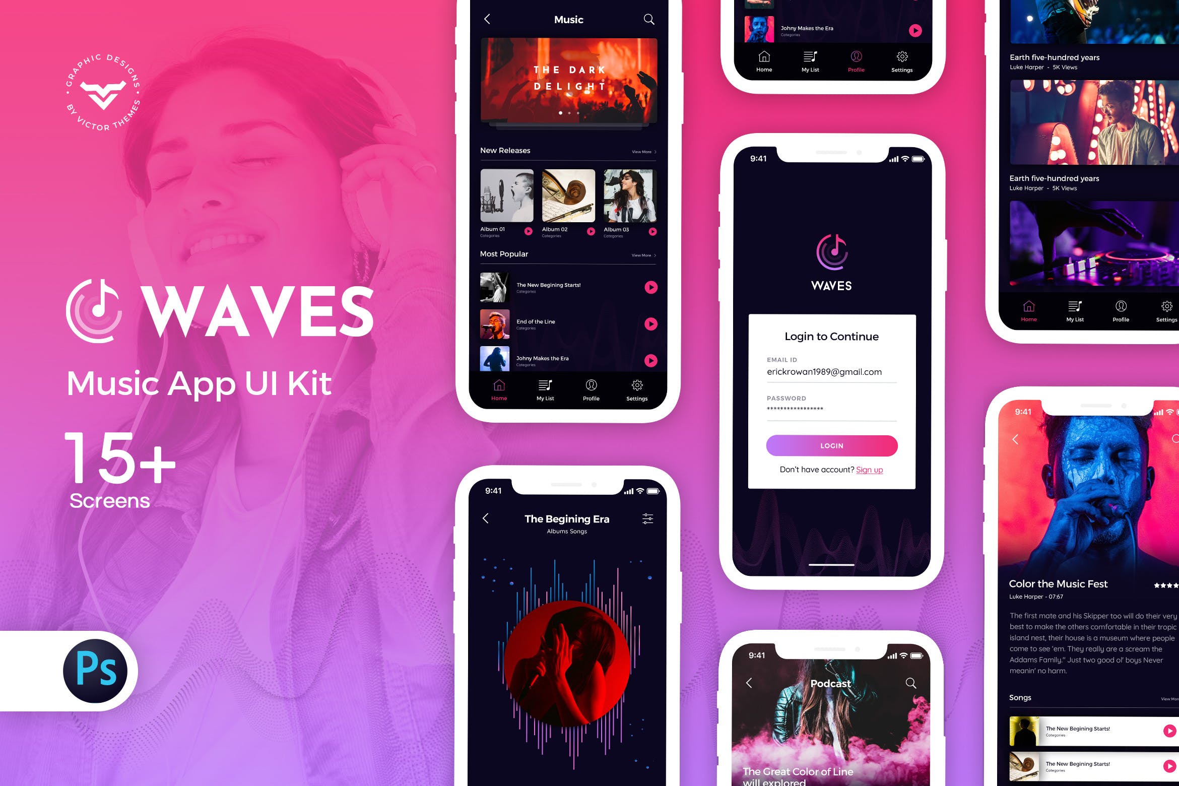 网络音乐听歌APP应用UI设计套件 Waves: Music Mobile App UI Kit插图