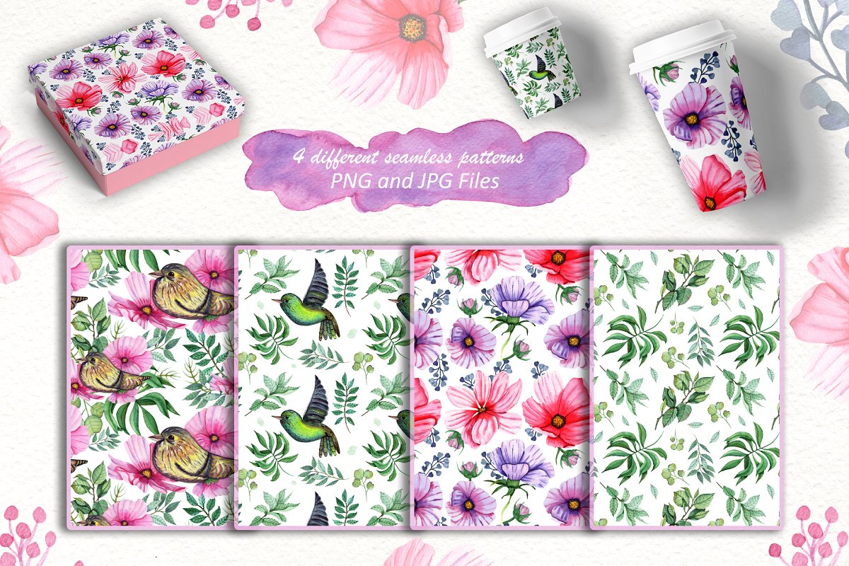 夏季花卉鸟儿水彩系列插画集插图(5)