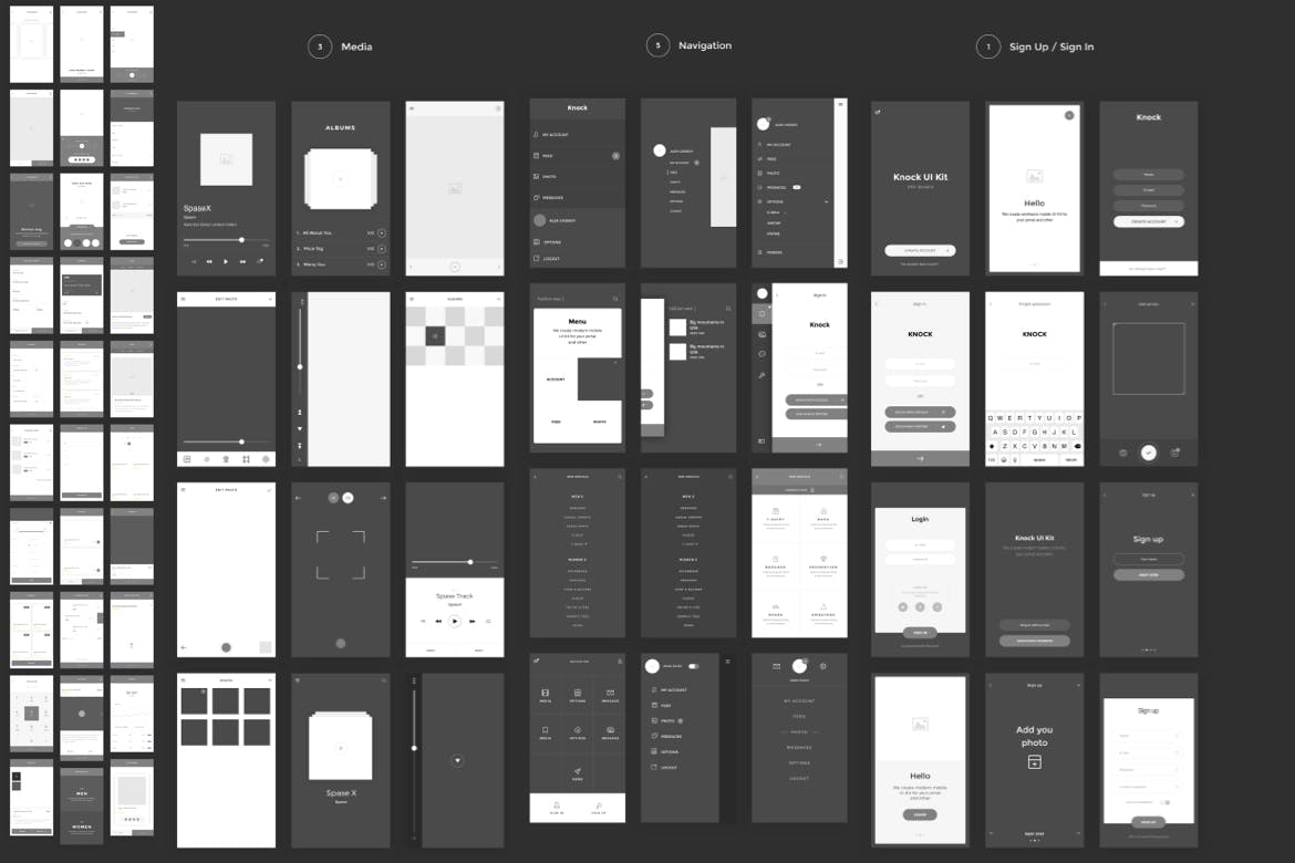 69+电商APP应用界面设计线框图模板素材 Knock Mobile UI Kit eCommerce Wireframe插图(1)