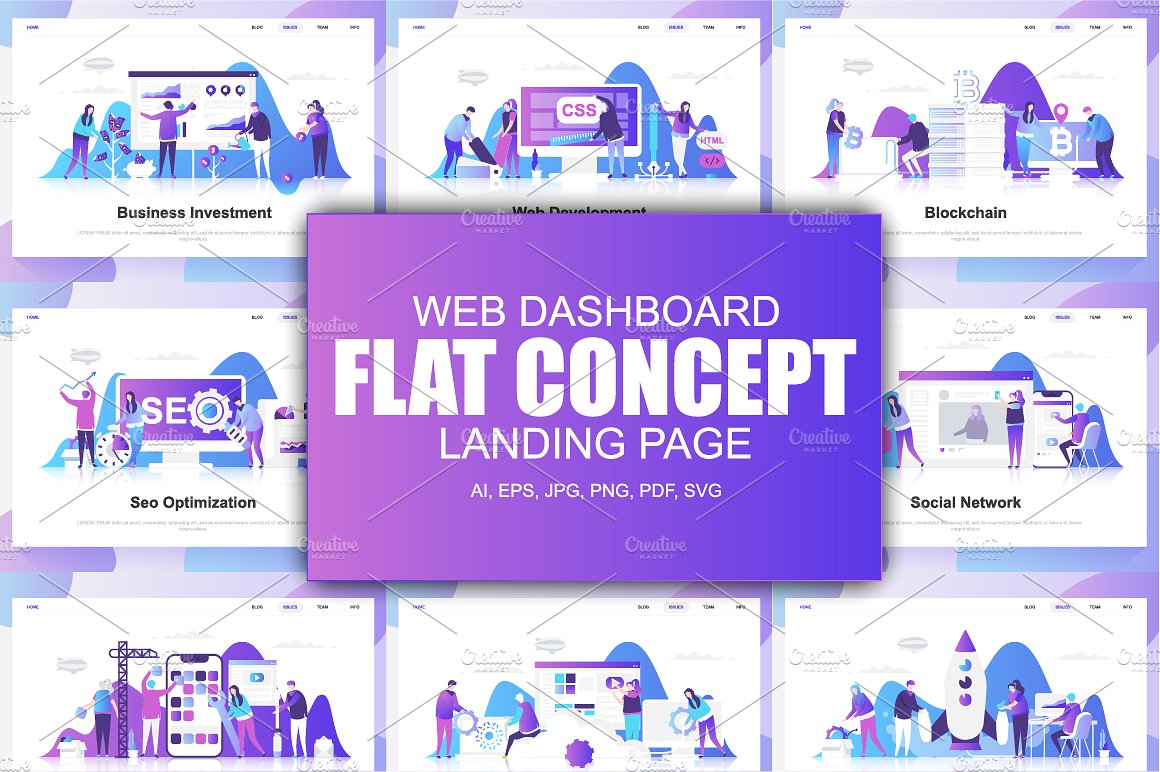 现代化平面设计理念Web仪表板登录页面模板 Landing Page Templates插图