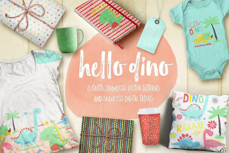 恐龙主题剪贴画无缝矢量图案纹理 Hello Dino Collections插图