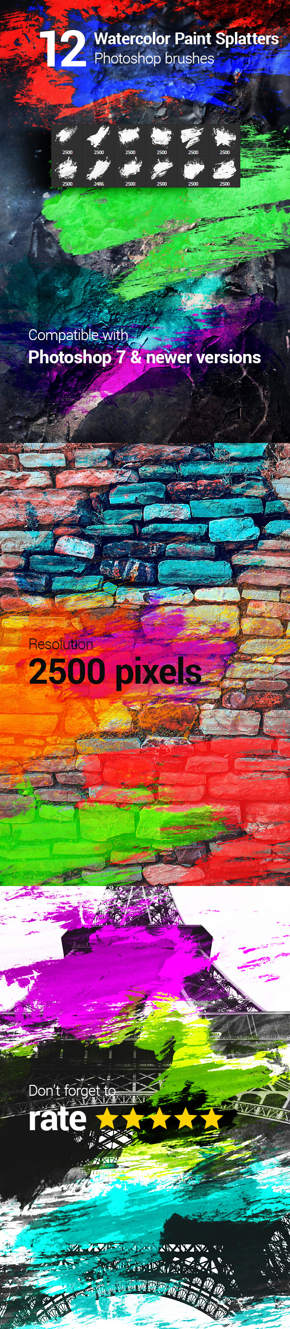 12种水彩颜料喷溅 PS 笔刷 12 Watercolor Paint Splatters Photoshop Brushes插图