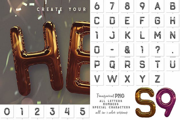 3D金箔气球字体样式PSD分层模板 Foil Balloon – 3D Lettering插图(5)