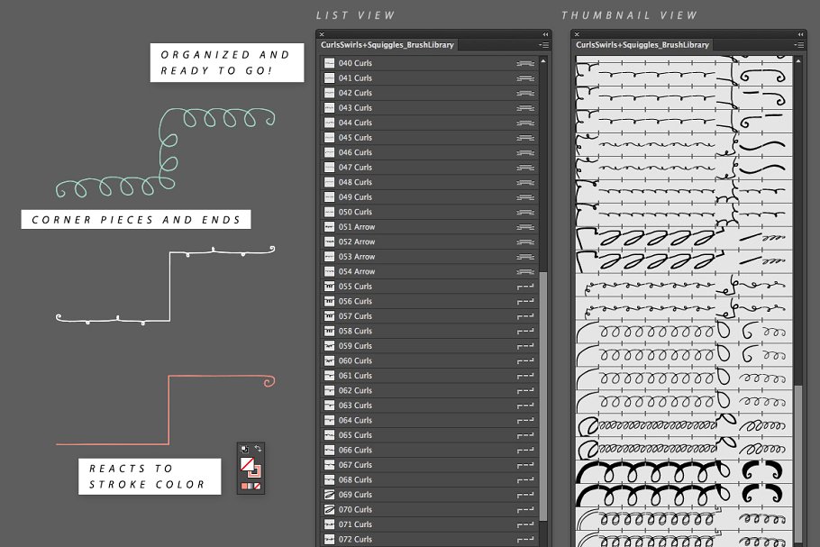 卷曲漩涡+歪扭或波形短线AI笔刷 Curls Swirls + Squiggles Brushes插图(4)