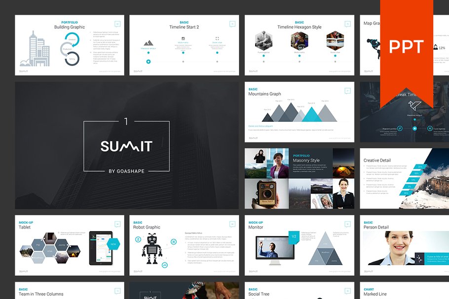 PPT 幻灯片模板（黑白2个版本，5种配色方案） Summit PowerPoint Presentation插图(1)