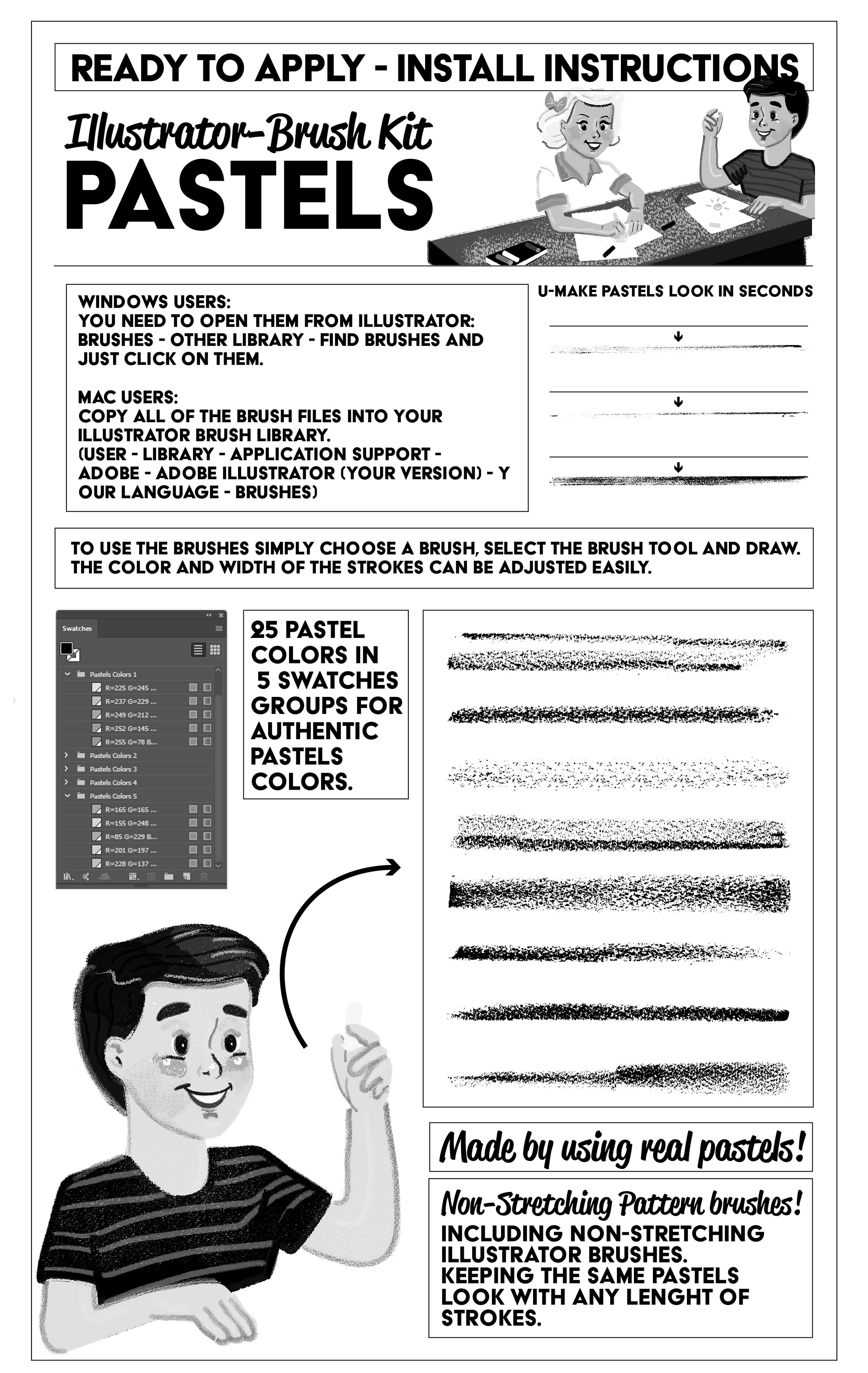 43种风格彩色蜡笔 AI&PS 笔刷集 Pastels Illustrator Brush-Kit插图(3)