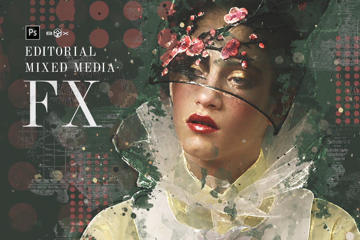 怀旧复古做旧混合艺术效果生成PS动作 Editorial Mixed Media FX Photoshop Add-On插图