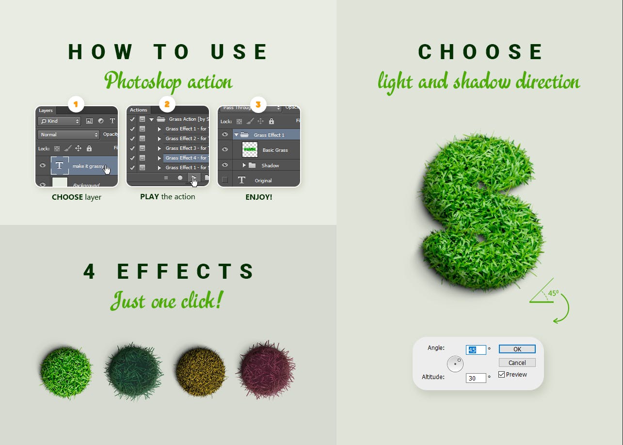 立体草地文字特效PS动作 Grass Photoshop Action插图(4)