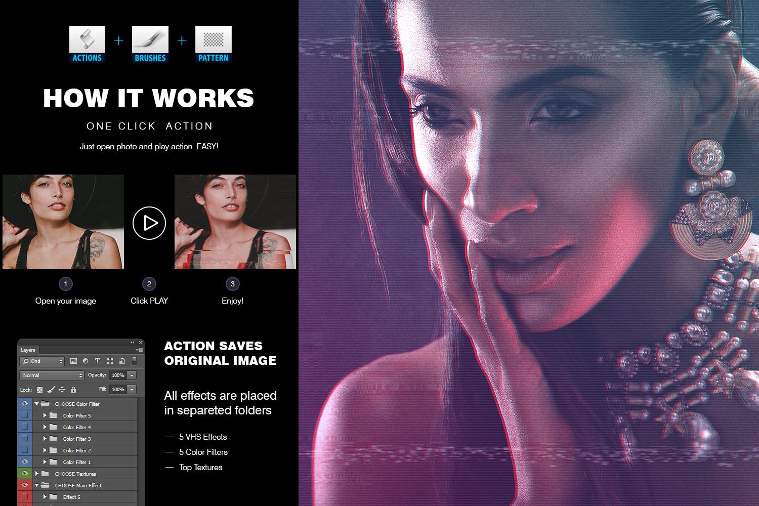 家用录像系统信号故障屏幕效果PS动作 VHS Photoshop Action插图(1)