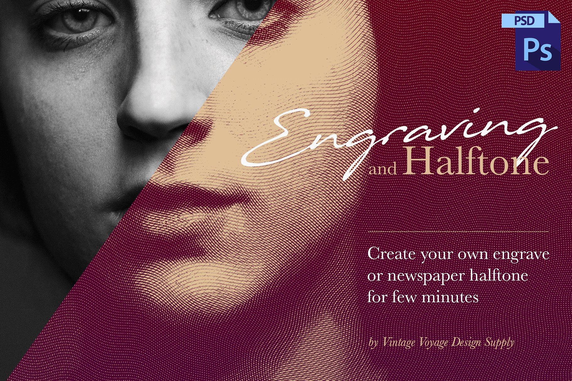 雕刻钱币凹版印刷风格照片效果处理PS动作 Engraving and Halftone Creator插图