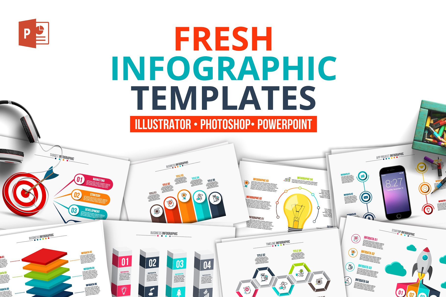 信息图表幻灯片设计元素 Fresh powerpoint infographics插图