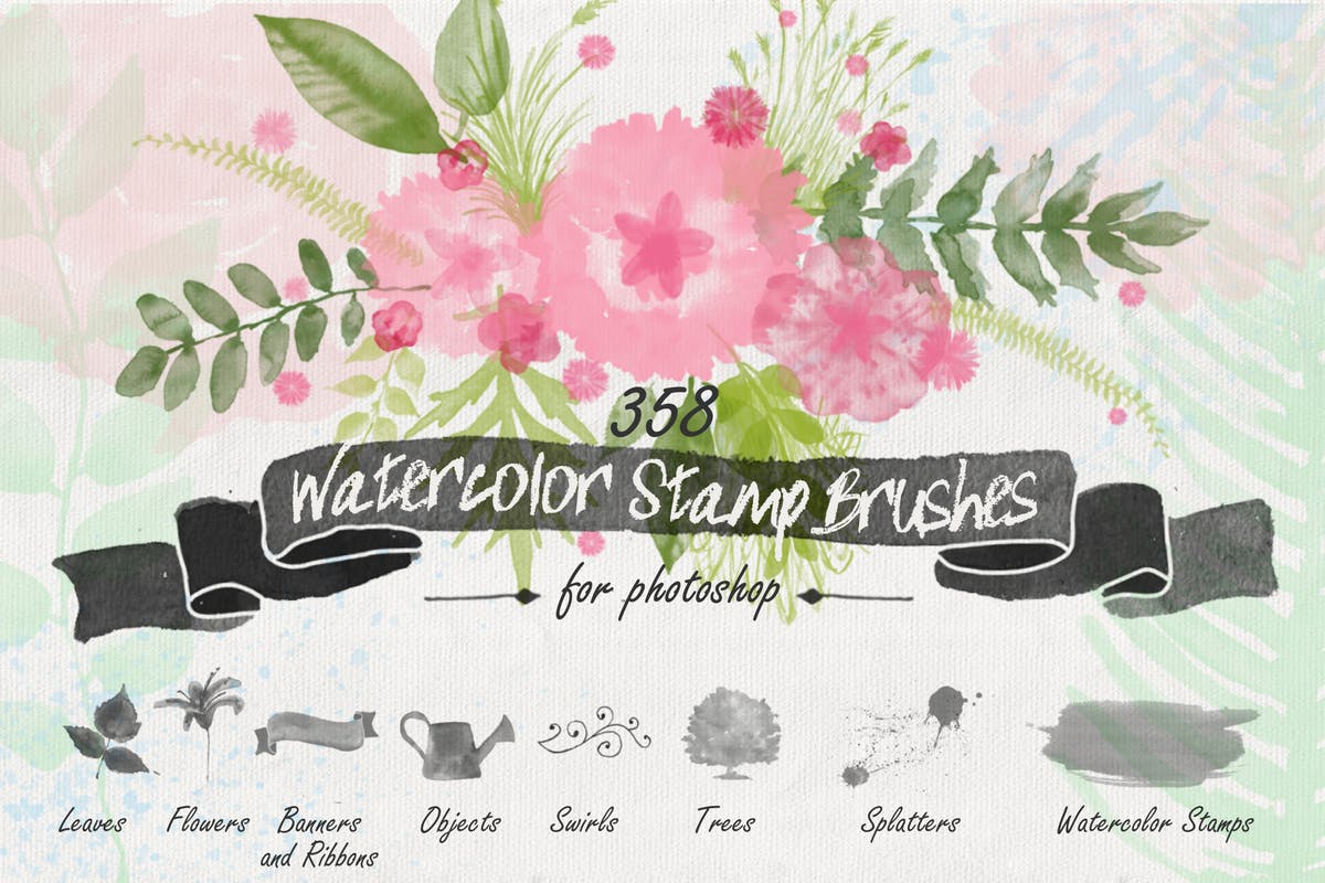 水彩花卉PS印章画笔笔刷 Floral Watercolor PS Stamp Brushes插图