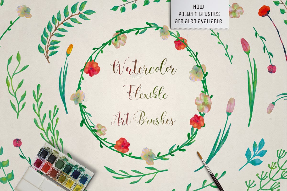 水彩花卉绘画图案＆AI画笔笔刷 Illustrator Floral Art & Pattern Brushes插图