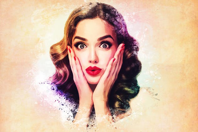 水彩绘画特效PS动作PSD智能对象图层 Watercolor Photoshop PSD Template插图(1)