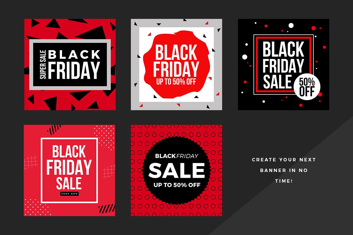 社交媒体黒五购物节促销广告Banner设计模板素材库精选v3 Black Friday Social Media Banners V3插图(4)
