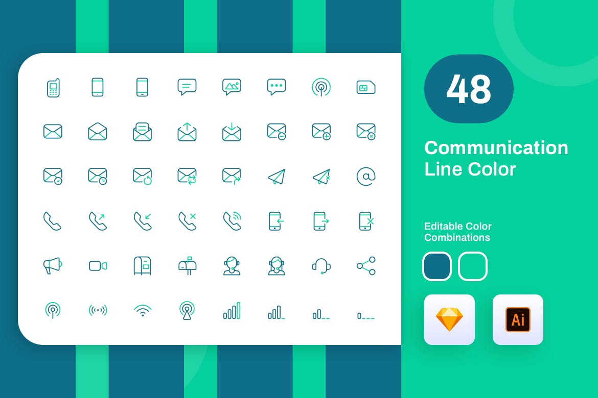 48枚移动通信主题彩色矢量线性素材库精选图标 Communication Line Color插图(1)