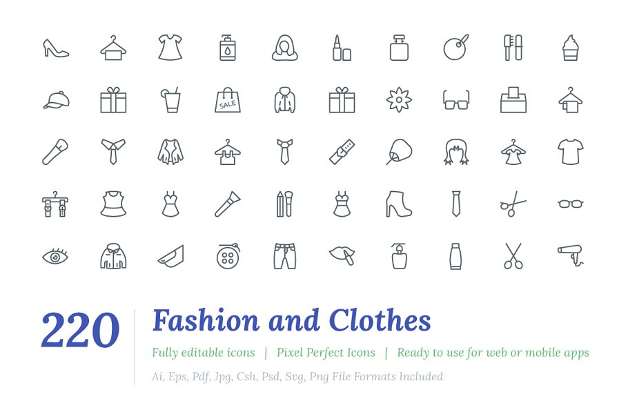 220个时尚服饰元素线条图标 220 Fashion and Clothes Line Icons插图