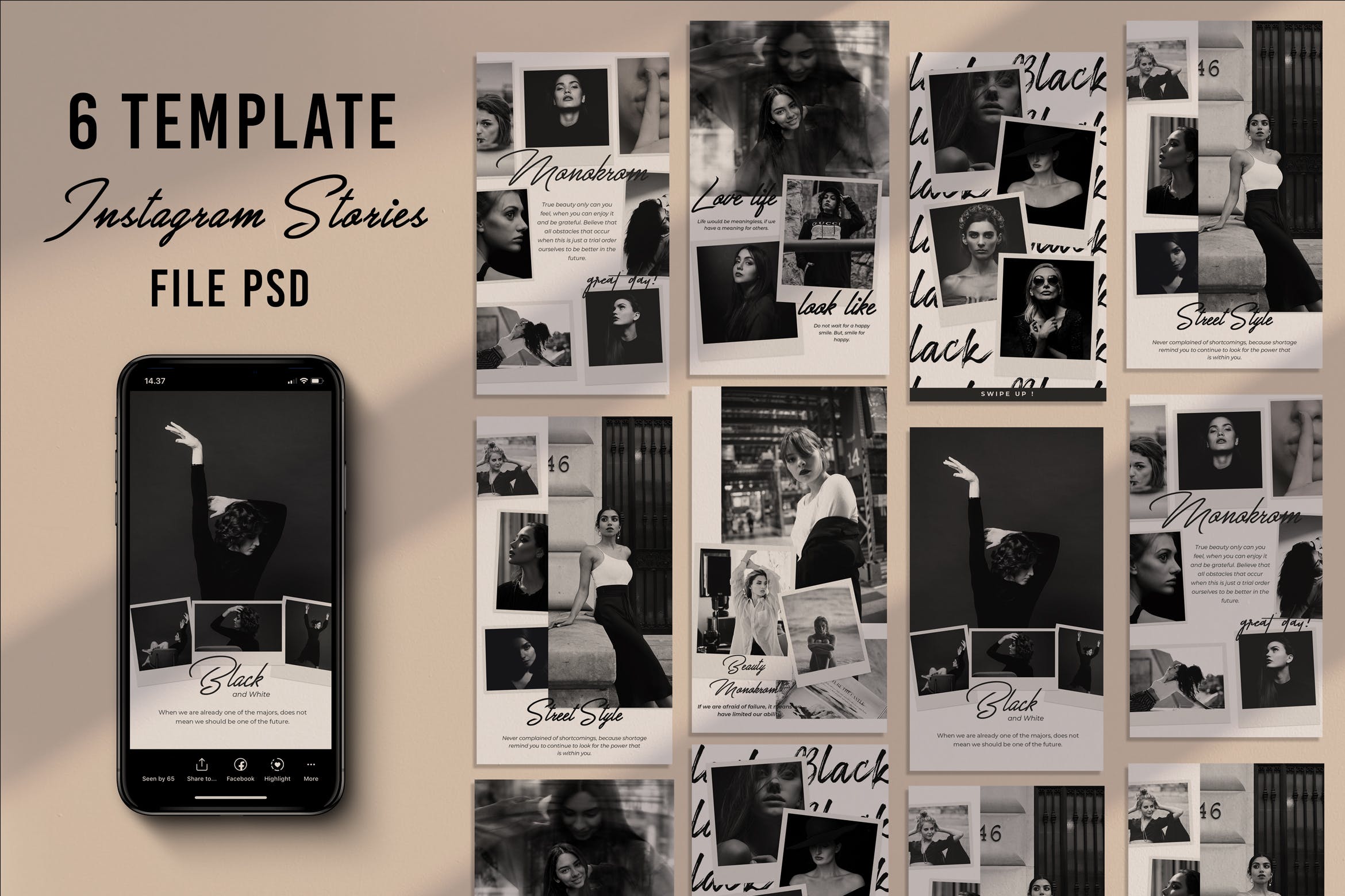 黑白设计风格Instagram品牌故事推广设计素材 MonoKrom Stories插图