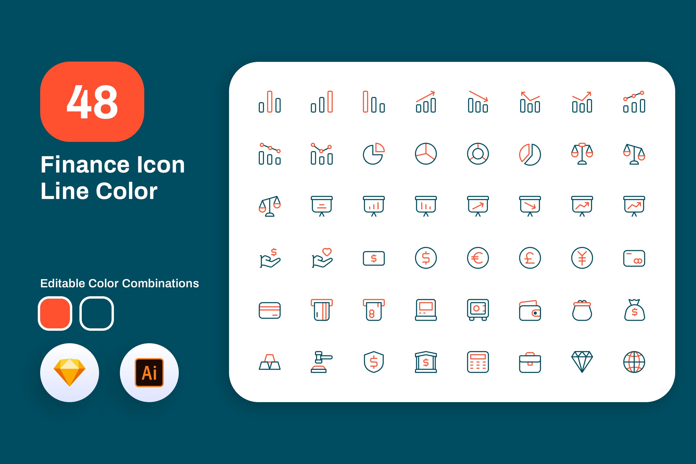 40枚金融商业主题彩色线性图标 Finance Icon Line Color插图