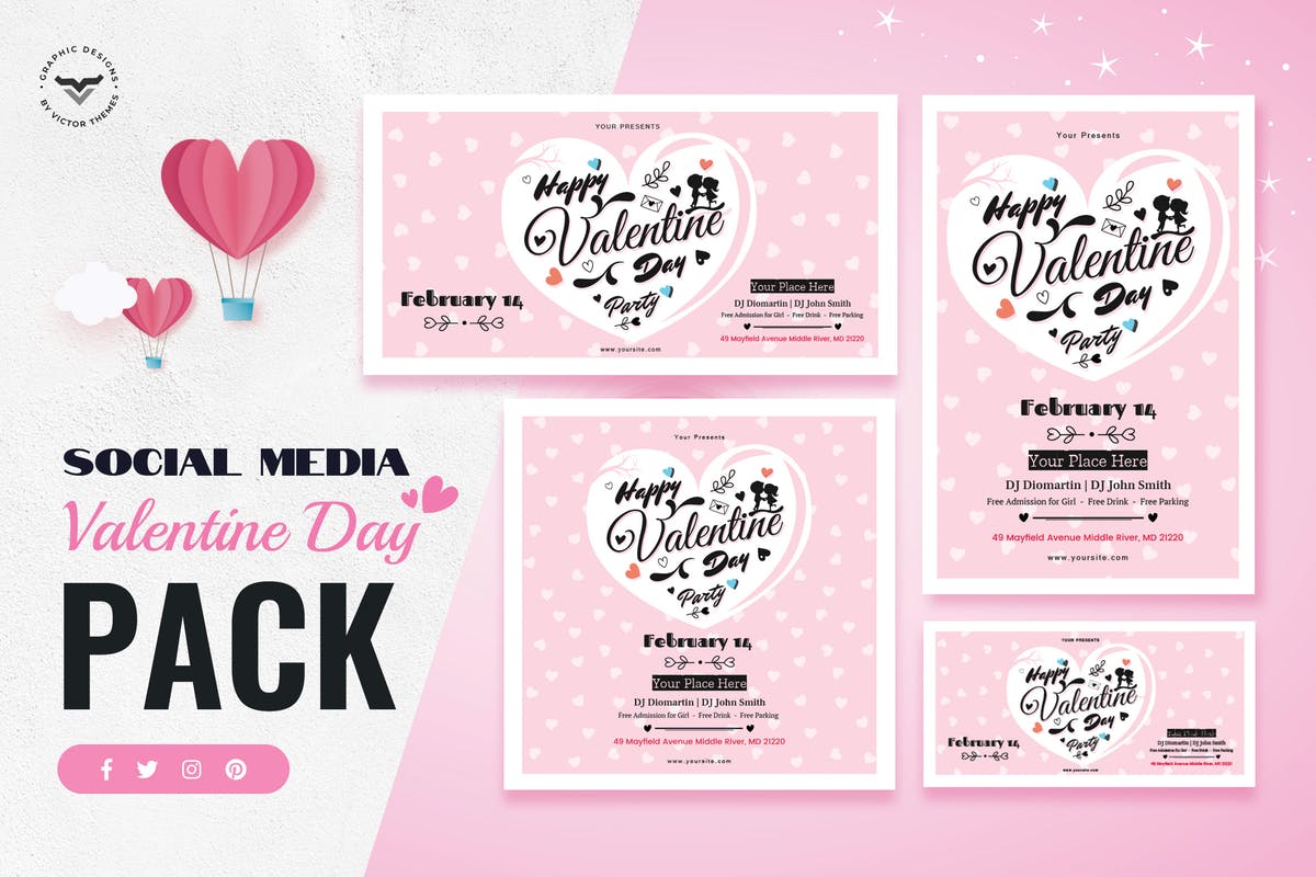 情人节主题社交媒体贴图模板素材库精选[粉色版本] Valentines Day Social Media Template插图