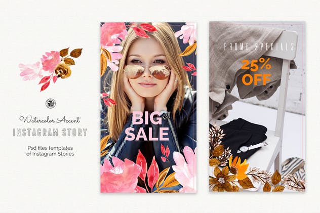 水彩设计风格Instagram故事贴图模板素材库精选 Watercolor Accent Instagram Story Templates插图(4)