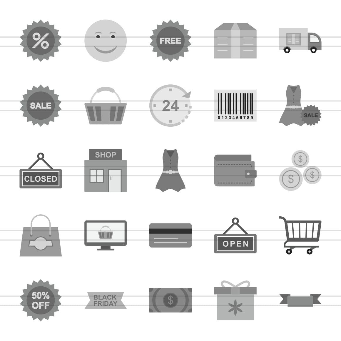 25枚黑色星期五主题矢量灰阶素材库精选图标 25 Black Friday Flat Greyscale Icons插图(1)