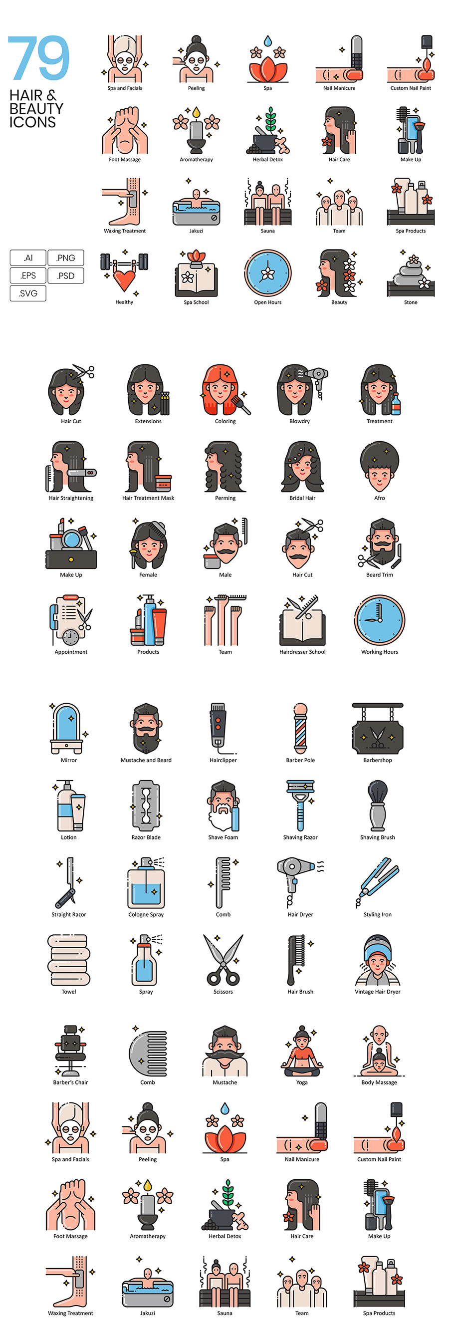 素材库下午茶：美容美发健身彩色图标下载[Ai]