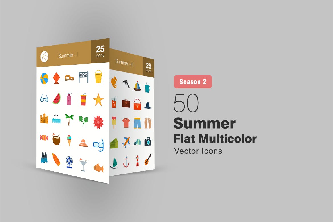 50枚夏天主题扁平化多彩矢量素材库精选图标 II 50 Summer Flat Multicolor Icons Season II插图