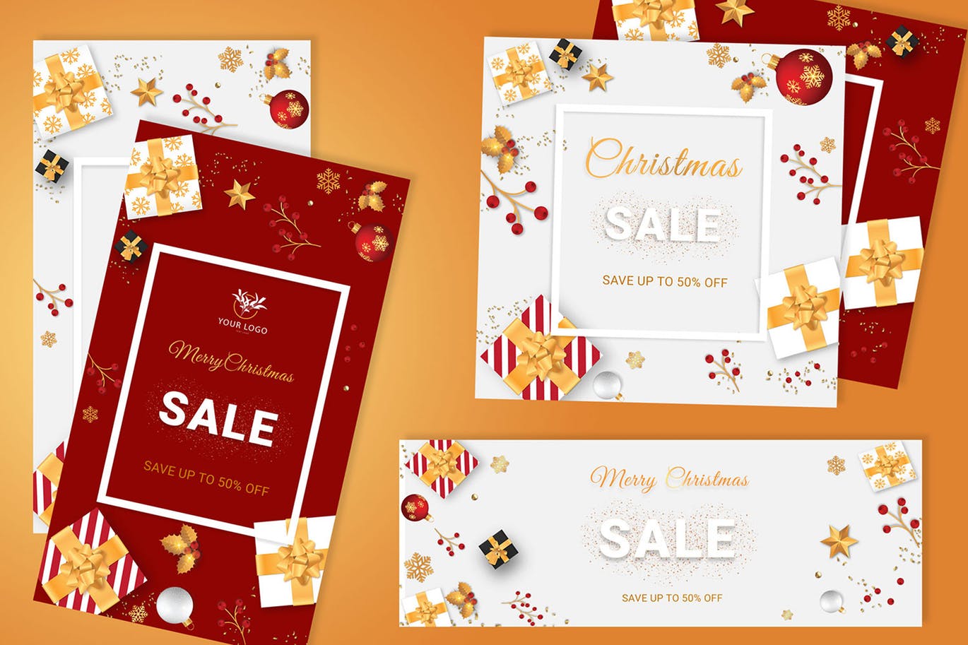 圣诞节网上商城促销活动背景Banner设计模板 Christmas Sale Banner In White , Red Background插图(1)