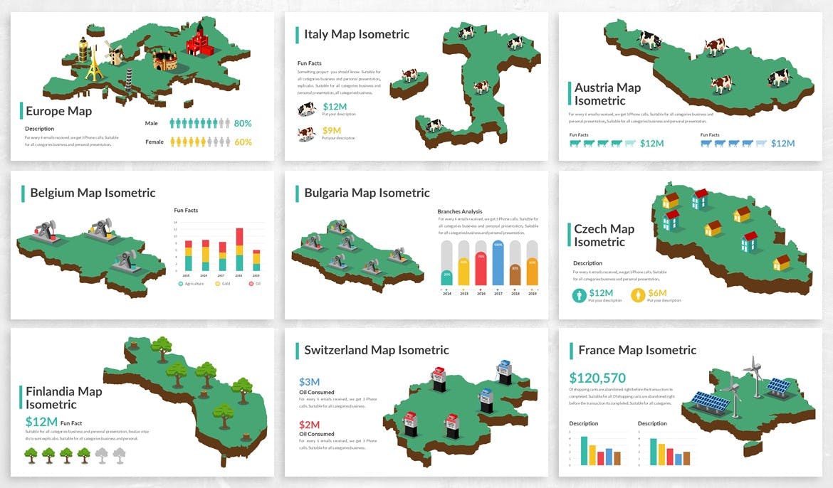 欧洲国家地区地图图形PPT幻灯片设计素材 Europe Maps Isometric & Legends For Powerpoint插图(1)