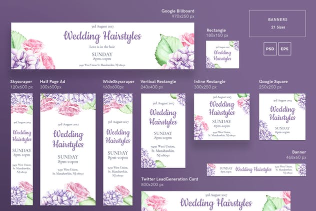 婚礼发型设计企业广告Banner设计模板 Wedding Hairstyle Banner Pack Template插图(1)