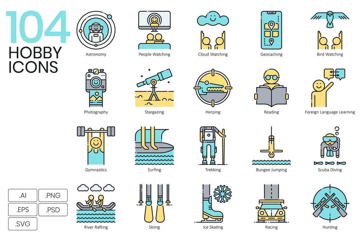 104枚兴趣爱好矢量图标合集 104 Interest & Hobby Icons | Aqua插图