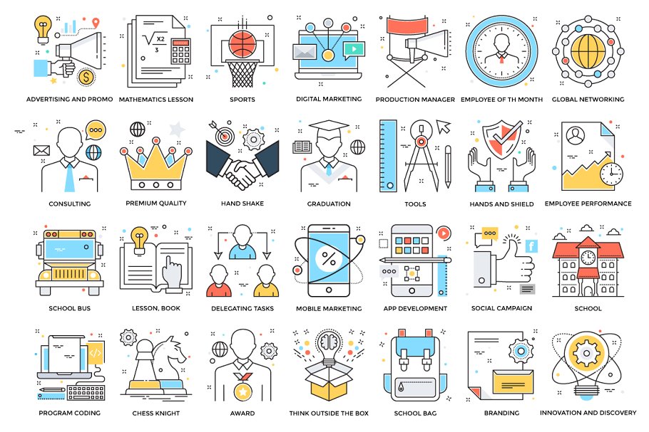 525枚扁平风格彩色线条图标 525 Flat Colored Line Icons插图(4)