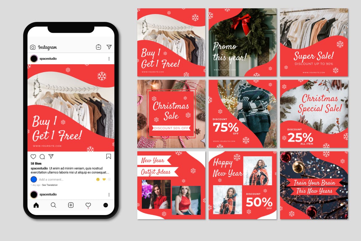 圣诞节新年主题Instagram社交电商促销广告设计模板素材库精选 Instagram Templates插图(1)