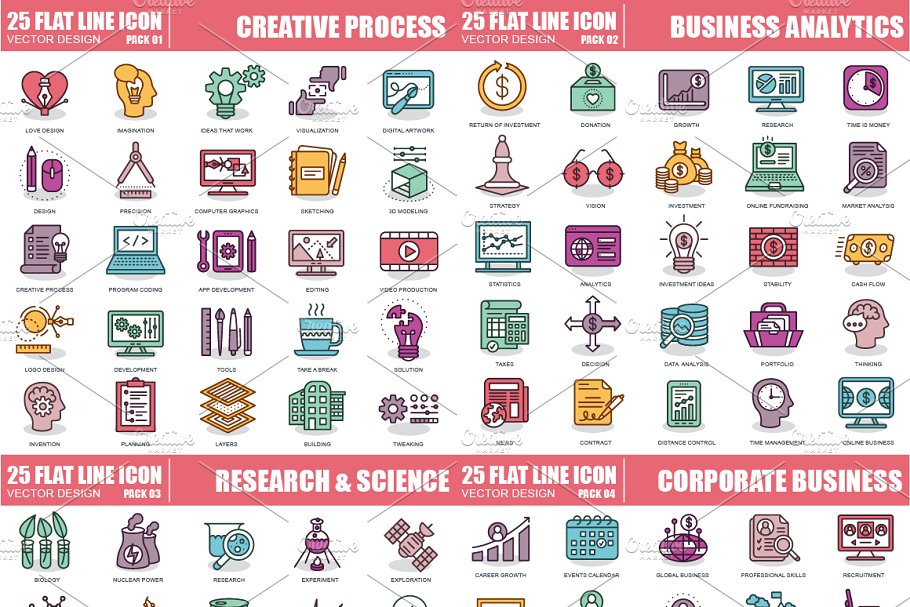 1000枚扁平化风格线条图标合集 Flat Line Icons插图(1)